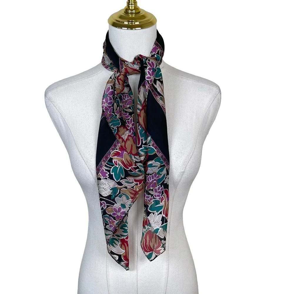 Vintage Floral Square Scarf Women Black Pink Striped Romantic Dark Academia